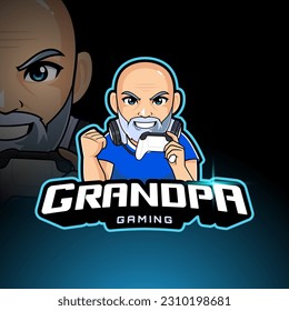 Grandpa gamer logo illustration, Old man playing game vector