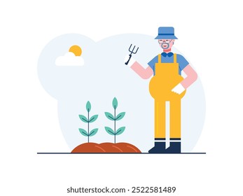 Grandpa is gardening, taking care of the plants so that they grow well. Character design. Vector flat illustration