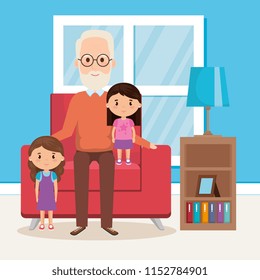 grandpa and geandchildren in the livingroom