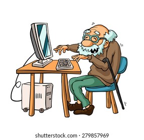  Grandpa Giggles Looking Into His Monitor. Old Man And Computer Tehnology.  