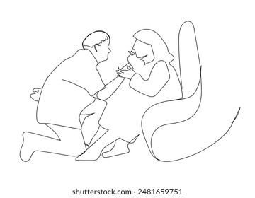 Grandpa give flowers to grandma. Gift and donation minimalist concept, Vector simple illustration, simple line, continuous line.