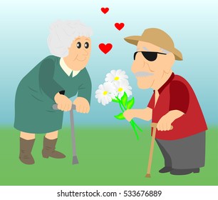 grandpa gives flowers to grandmother. Sweetheart vector illustration