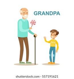 Grandpa Giving Candy To Grandson, Happy Family Having Good Time Together Illustration