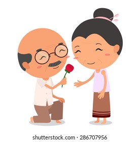 grandpa giving flower grandma. elderly couple love.