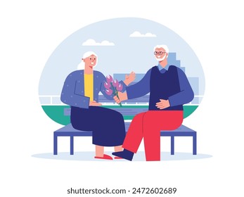 Grandpa giving flowers to grandma, sitting together in the city park. Character design. Vector flat illustration