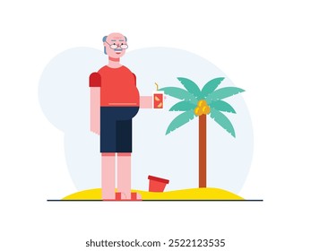 Grandpa with glasses is enjoying the view on the beach while drinking a mocktail. Character design. Vector flat illustration