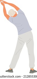 Grandpa goes in for sports after retirement, flat cartoon realistic vector illustration. Active lifestyle of an old man, leisure of a pensioner and yoga classes.