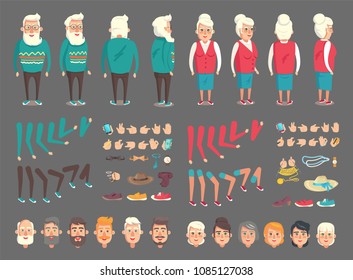 Grandpa and grandma abstract character constructor vector illustration with human body parts, different faces legs hands, various apparel collection