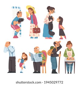 Grandpa and Grandma Cooking, Walking, Reading Newspaper and Playing with Grandchild Vector Illustration Set