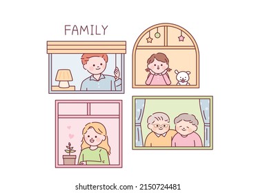 Grandpa, grandma, dad, mom, little daughter and dog are looking out from the windows of their respective rooms. outline simple vector illustration.