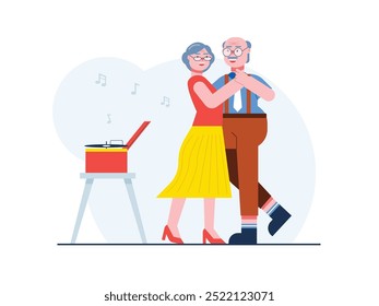 Vovô e vovó estão dançando romanticamente para a música do disco de vinil, apreciando sua velhice juntos. Design de caracteres. Ilustração em plano vetorial