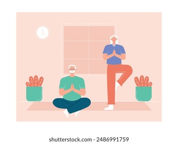 Grandpa and grandma doing yoga together at home, an exercise for breath awareness. Character design. Vector flat illustration