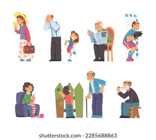 Grandpa and Grandma Engaged in Different Activity with Grandchild Vector Illustration Set