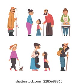 Grandpa and Grandma Engaged in Different Activity with Grandchild Vector Illustration Set