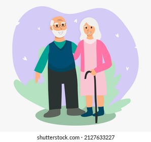 Grandpa and grandma flat design. Illustration of an elderly couple. Grandmother with cane hugs grandfather