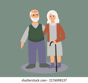 Grandpa and grandma flat design. Illustration of an elderly couple. Grandmother with cane hugs grandfather