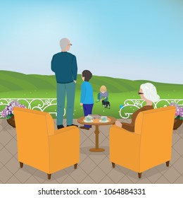 Grandpa and grandma with grandchildren enjoying the sunny spring day outdoors