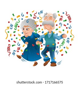 Grandpa and grandma have fun and dance at the disco. Grandmother and grandfather hold by hands celebrate birthday or other holiday together. Golden jubilee or golden wedding, anniversary.