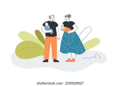 Grandpa And Grandma Holding Newborn Grandchildren. Love Of Happy Old Man And Woman To Children Flat Vector Illustration. Family, Grandparents Concept For Banner, Website Design Or Landing Web Page