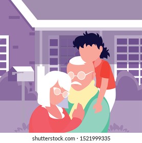 grandpa and grandma hugging with grandson - happy grandparents day vector illustration