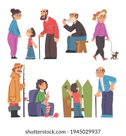 Grandpa and Grandma Knitting, Fishing, Walking the Dog and Playing with Their Grandson Vector Illustration Set