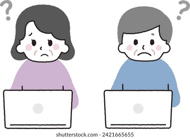 Grandpa and grandma operating a computer. A troubled expression.