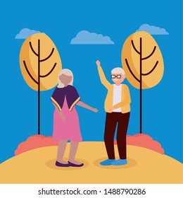 grandpa and grandma in the park - happy grandparents day vector illustration