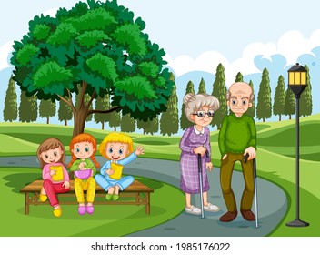 Grandpa And Grandma In The Park With Many Children Illustration