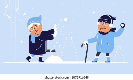 Grandpa and grandma playing snowballs vector illustration