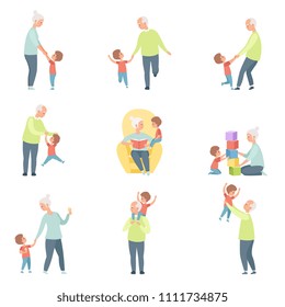 Grandpa and grandma playing, walking and having fun with their grandson set vector Illustrations on a white background