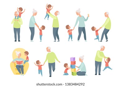 Grandpa and grandma playing, walking and having fun with their grandson set vector Illustrations on a white background