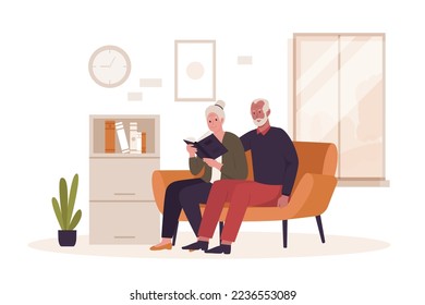 Grandpa and grandma reading a book on the sofa. Illustration for website, landing page, mobile app, poster and banner. Trendy flat vector illustration