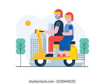 Grandpa and grandma ride a motorcycle around the city while wearing helmets, a cute activity together in old age. Character design. Vector flat illustration