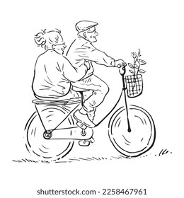 Grandpa And Grandma Riding A Bicycle Together