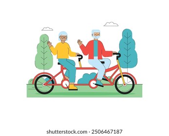 Grandpa and grandma are riding a double seat bicycle, while looking at the beautiful natural scenery. Character design. Vector flat illustration