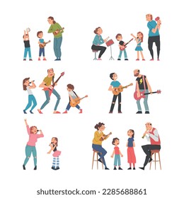 Grandpa and Grandma Singing and Playing Musical Instrument with Grandchild Vector Illustration Set