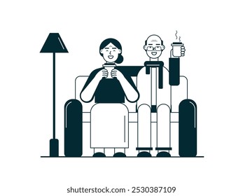 El abuelo y la abuela están sentados en el sofá de la sala de estar mientras hablan, disfrutando de café caliente. Diseño de personajes. Ilustración plana de Vector