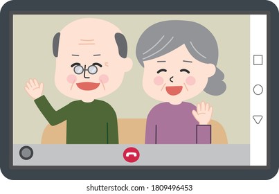 Grandpa and grandma sitting on the sofa and having video call on tablet or smartphone. Vector illustration isolated on white background.