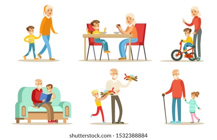 Grandpa And Grandma Spending Time with Their Grandchildren Set, Cute Boys And Girls with their Grandparents Vector Illustration