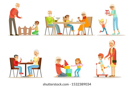 Grandpa And Grandma Spending Time with Their Grandchildren Set, Cute Boys And Girls Having Dinner, Playing Toys, Repairing Fence, Riding Kick Scooter with their Grandparents Vector Illustration