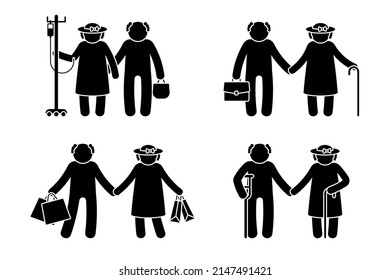 Grandpa and grandma stick figure with drop counter, crutch, walking cane shopping bag vector illustration set. Old man and woman icon pictogram