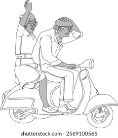 grandpa and grandma traveling on a scooter line art. lines are in stroke form for easy adjustments.