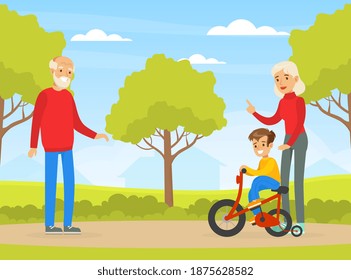 Grandpa and Grandma Walking in Park with Grandson, Boy Riding Bike Cartoon Vector Illustration