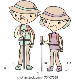 Grandpa and grandma's walking in mountain