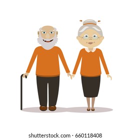 Grandpa and grandmother hold hands. Elderly people vector characters