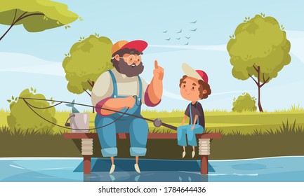 Grandpa and grandson fishing background with pastime symbols flat vector illustration