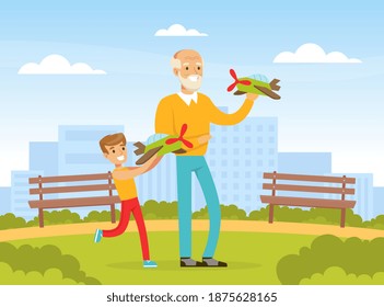 Grandpa and Grandson Playing with Toy Planes on Backyard, Grandfather Spending Time with Grandchild Cartoon Vector Illustration