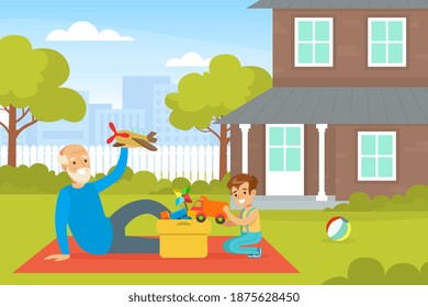 Grandpa and Grandson Playing Toys on Backyard, Grandfather Spending Time with Grandchild Cartoon Vector Illustration