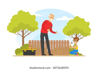 Grandpa and Grandson Repairing Fence in the Backyard, Grandfather Spending Time with Grandchild Cartoon Vector Illustration