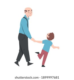 Grandpa and Grandson Spending Pastime Time Together, Grandparent Walking with his Grandchild Cartoon Style Vector Illustration